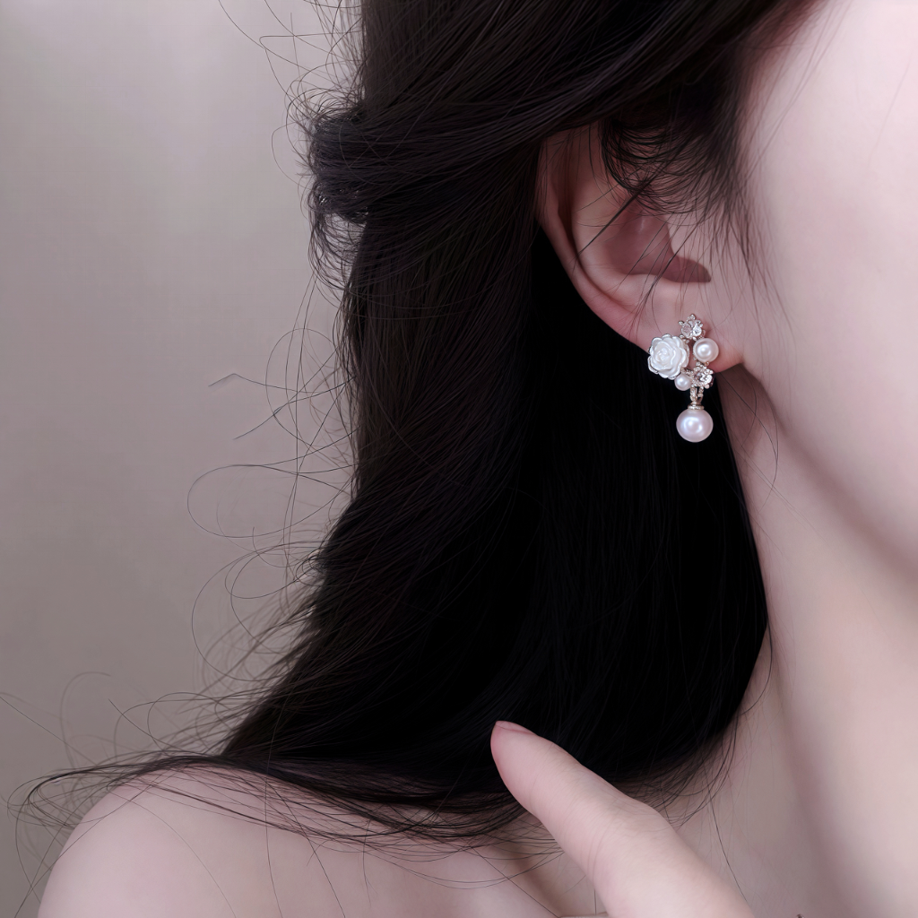 White Rose Pearl Drop Earrings – Korean Chic Vintage Style