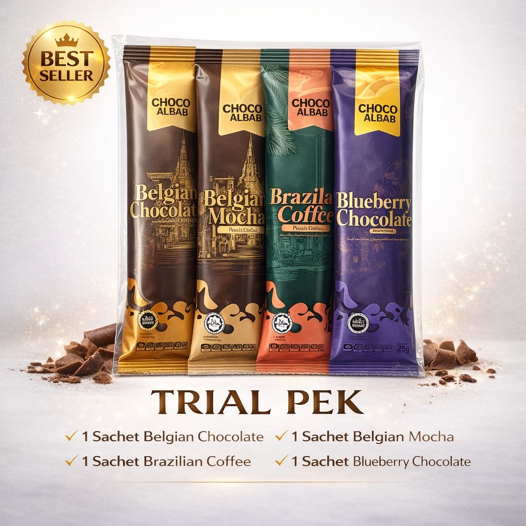 Choco Albab Premix Drink Trial Pack - Belgian Chocolate Drink, Belgian Mocha Drink, Brazilian Coffee Drink & Blueberry Chocolate Drink